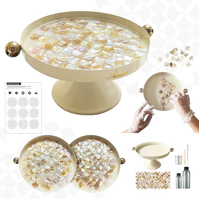 DIY Decorative Serving Tray Craft Kit with Natural Shells & Epoxy Resin, Round Metal Tray for Vanity, Bathroom or Coffee Table, Perfect for Key, Trinket and Perfume Organizer (White)