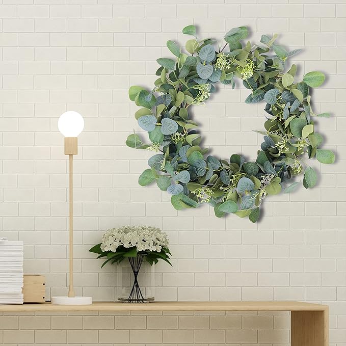 Eucalyptus Wreaths for Front Door 20", Handmade Green Leaves Wreath for Summer, Spring and All Seasons, Greenery Floral Wreath for Wall and Outside
