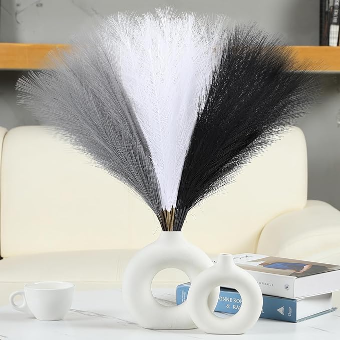 Faux Pampas Grass Decor 17.7 Inch 30pcs, Artificial Pampas Grass Fluffy Home Decor, Short Vase Room Decor pompous Grass Flower Arrangement for Boho Home Wedding Decoration (Black,White,Grey)