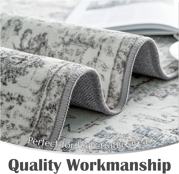 jinchan Kalen Runner Rug 2x5 Washable Area Rug Soft Vintage Hallway Indoor Floor Mat Thin Retro Distressed Carpet Grey Floral Print Country Non Slip Bathroom Kitchen Bedroom Living Room