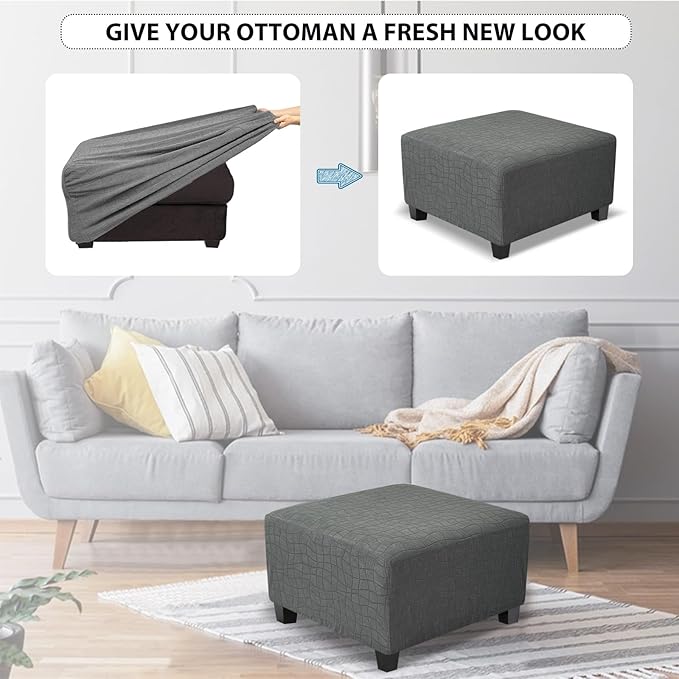 Square Ottoman Cover,Soft Stretch Jacquard Slipcover with Dual Waterproof Layers,Washable Furniture Protector for Pets,Medium,Light Gray