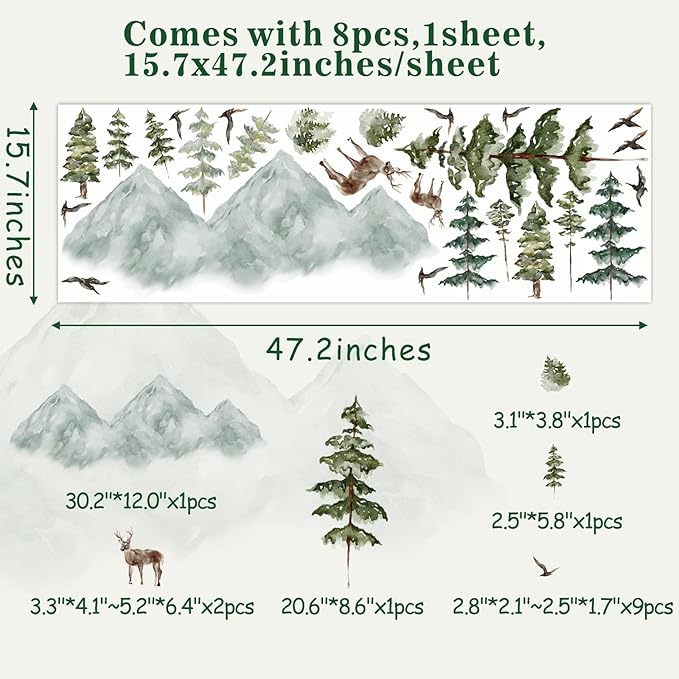 Mountain Wall Decals Large Pine Tree Wall Decals Peel and Stick Forest Tree Deer Birds Woodland Animal Decal Mountain Trees Stickers for Kids Room Nursery Decor