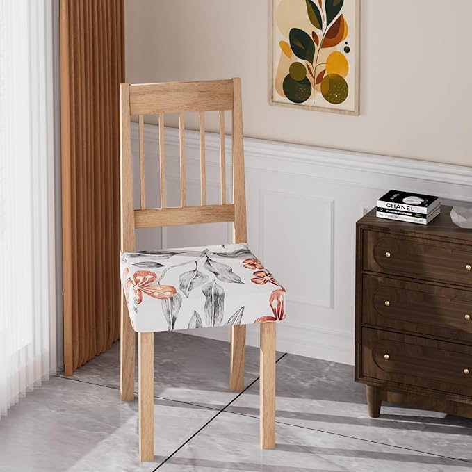 Stretch Dining Chair Seat Covers Set of 4,Dining Chair Slipcovers, Floral Printed Chair Covers,Soft Fabric Washable Upholstered Chair Seat Protector, No Rear Covers for Home Kitchen Dining Room