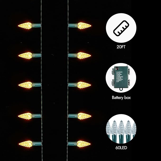 WBao C6 Battery Operated Christmas Lights 60 LED 20ft String Lights with 8 Modes, Auto Timer, Waterproof for Indoor Outdoor Christmas Trees, Fence, Stairs Xmas Decorations, Warm White