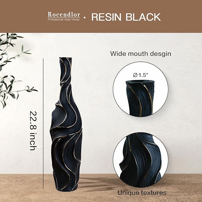 Floor Vase Handmade Resin - 22.83" Tall Brown Vases with Gold Wave Patterns, 6.29" Wide Decorative Tall Floor Vase for Home Decor, Farmhouse & Modern Interior Design
