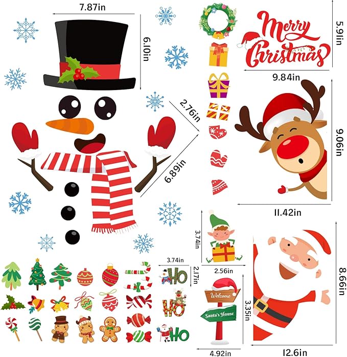 YQUQWN Large 80PCS Christmas Door Decorations Removable Wall Decals with Snowman Santa Reindeer Merry Christmas Wall Stickers for Front Door Decor Decorations Holiday Party Supplies