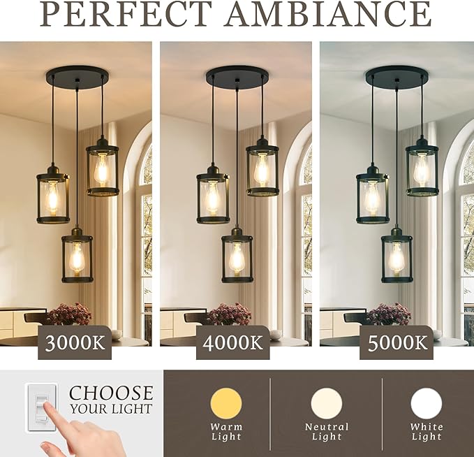 3-Light Pendant Lighting, Black Dining Room Chandelier Light Fixture Over Table with Clear Glass, Modern Cluster Hanging Lights for Kitchen Island Sink, OS-3014-3BK
