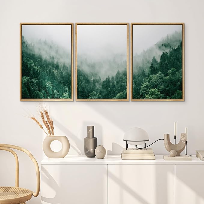 SIGNWIN Framed Canvas Print Wall Art Set Fog & Mist Mountain Forest Valley Nature Wilderness Photography Modern Art Landscape Relax/Calm for Living Room, Bedroom, Office - 16"x24"x3 Natural