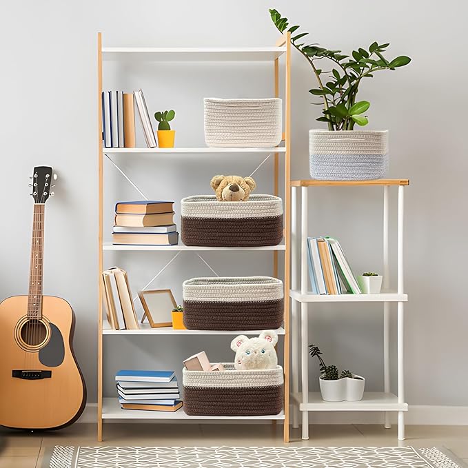 COMFY-HOMI 13" x 8.5" x 5.1" Storage Baskets for Organizing | Cotton Rope Woven Basket | Toy Storage Bin Box | Basket for Shelves,1 Pack, dark brown/white