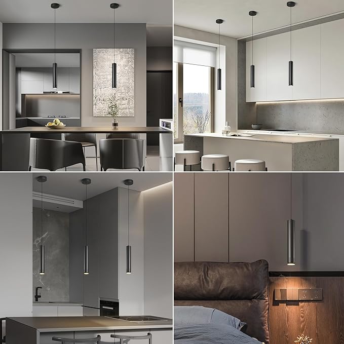 Adjustable Focus LED Pendant Lights Kitchen Island 2 Pack Black Pendant Light Mini Modern Pendant Lighting for Kitchen Bedroom Dining Room Cylinder Pendant Spot Light, 4000K