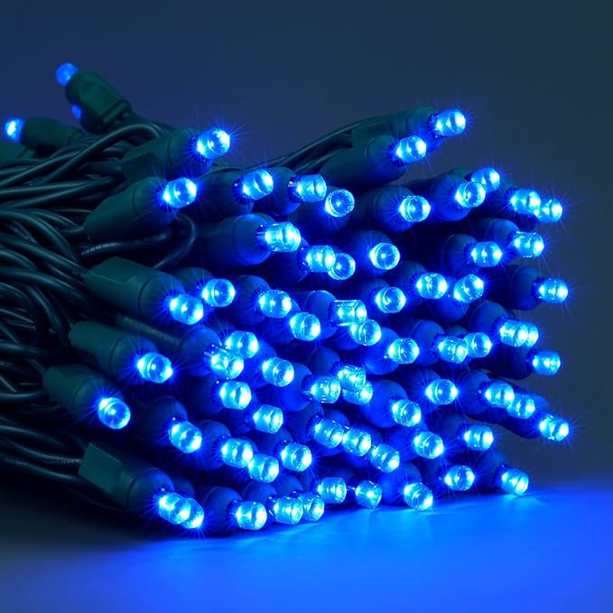YULETIME Blue 5MM LED Christmas Lights, 33 ft 100 Count 4" Spacing One-Piece High Waterproof Wide Angle UL Certified String Light (Blue - Green Wire)