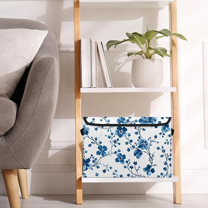 Closet Storage Bins with Lids, Blue Plum Flowers Storage Baskets for Organizing, Large Cube Box Closet Organizers with Handles, Home Office Decorative Wardrobe Boxes for Organization (27 Quart)