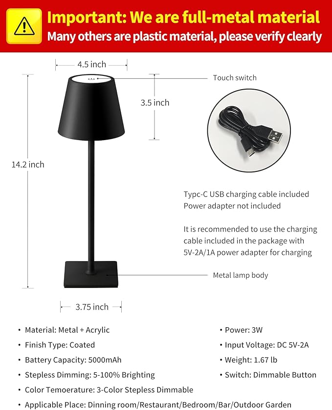 KDG Cordless Table Lamp, Portable LED Desk Lamp, 5000mAh Battery Operated, 3 Color Stepless Dimming Up, for Restaurant/Bedroom/Bars/Outdoor Party/Camping/Coffee Shop Atmosphere Night Light(Black)