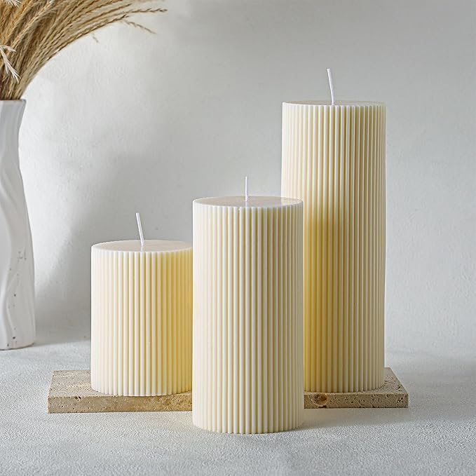 Ribbed Pillar Candles Set of 3, Width 3" High 4" 6" 8" Large Soy Wax Orchids Scented Pillar Candles Aesthetic Ribbed Modern Home Decor for Bathroom Living Room(Cream)