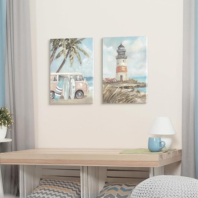 ARTISTIC PATH Beach Coastal Canvas Wall Art - Ocean Lighthouse Paintings Vintage Van Prints Palm Tree Pictures Surfboard Artwork for Bedroom
