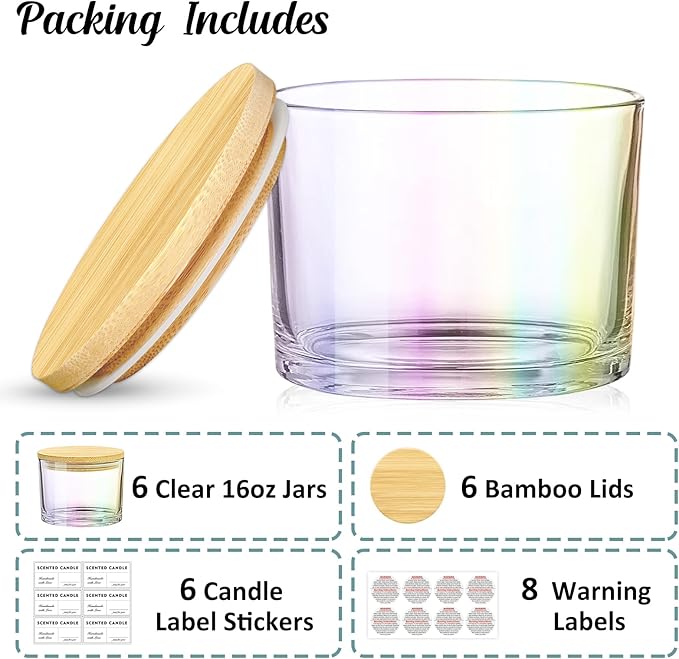 16oz 3 Wick Candle Jars 6 Pack - Large Empty Iridescent Wide Mouth Glass Candle Making Jars with Bamboo Lids and Stickers and Labels, Bulk Candle Containers for Making Candles