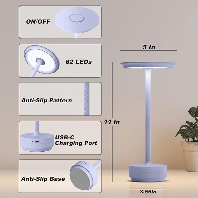 1 Pack Rechargeable Table Lamps Cordless, Portable 5000mAh Outdoor Table Light, 3 Color Stepless Dimming LED Table Lamp with Memory Function, for Home/Dinner/Patio/Restaurant.(Light Purple)