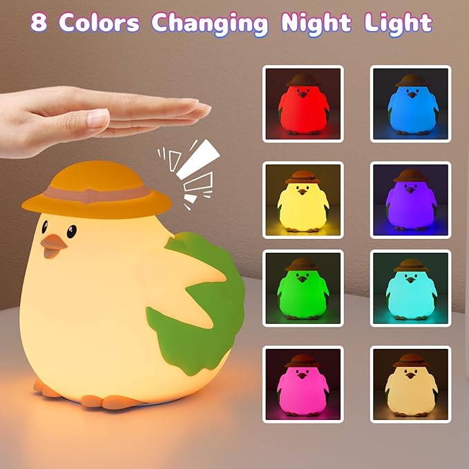 Silicone Night Light for Kids – Rechargeable Tap Control Lamp with 8 Colors, Cute Animal Design for Nursery, Toddler Room Decor, Gifts for Girls and Boys (Chick)