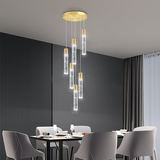 6-Lights Modern Crystal Chandeliers for Dining Room Kitchen Island Crystal Pendants Light Fixture High Ceiling Hanging for Entryway Bedroom Foyer 6000K