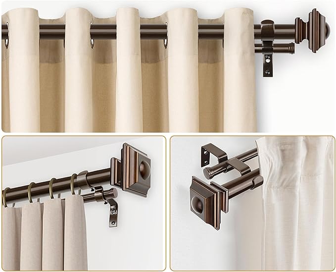 KAMANINA 1 Inch Bronze Curtain Rods 66 to 120 (5.5-10 Feet), Telescoping Splicing Double Curtain Rod for Windows 54 to 115 Inches, Long Curtain Rod with Square Finials