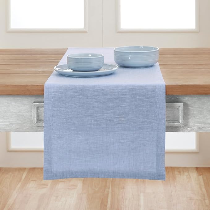 Solino Home Linen Table Runner 90 Inches Long - Athena, 100% Pure Linen Chambray Blue Table Runner 14 x 90 Inch for Dining, Winter, Spring, Easter