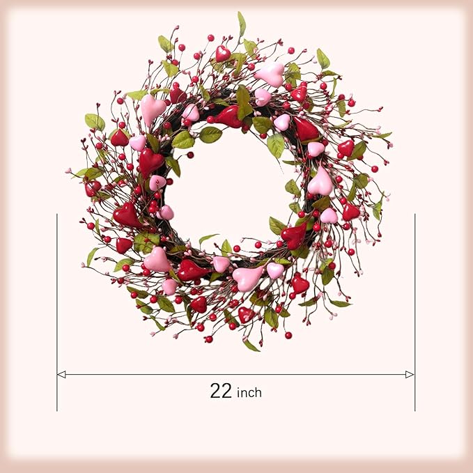 idyllic 22 Inch Valentine Green Leaf Heart-Shaped Berry Wreath, Pink Red Heart Berry Decor for Front Door Mantel Table Window Wall Wedding Porch Indoor Dinner Gift