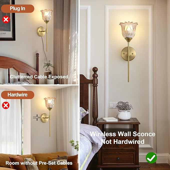2 Pack Battery Operated Wall Sconce with Amber Glass Lampshade, Mid Century Bathroom Vanity, Wireless Rechargeable RGB Wall Light with Remote Control, for Bedroom Mirror Living Room