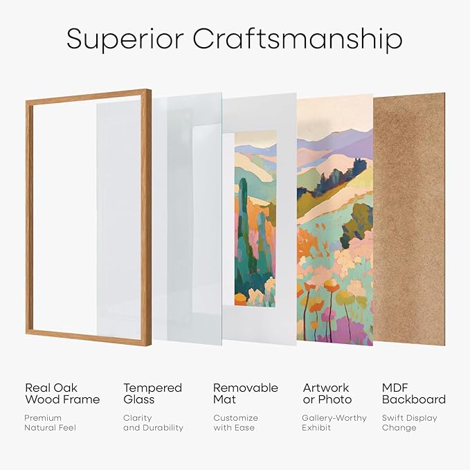 Homeforia Picture 16x24 Wood Frame, High End Natural Oak 16x24 Light Wooden Poster Frame with Mat 12x18, 16 x 24 Frames Matted to 12 x 18 Photo, 24x16 Hanging Frame, Tempered Glass, Wall Kit, Set of 1