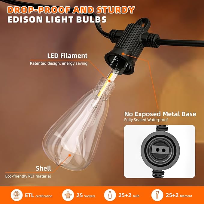 Kawaya 50FT Outdoor String Lights - Outside LED Patio Light with 25+2 Shatterproof Vintage Edison Bulbs - 2700K Dimmable IP65 Waterproof Hanging Lighting for Yard Porch Deck Balcony Bistro Cafe Party