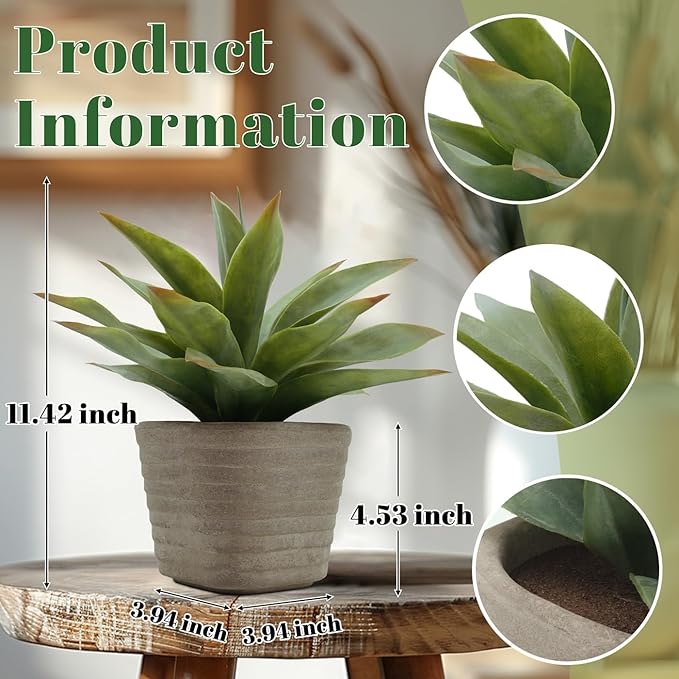 2 Pack Small Fake Plants, 11.42 Inch Artificial Agave Plants in Pots, Faux Plants Indoor for Home Room Office Bathroom Bedroom Kitchen Farmhouse Greenery Decor