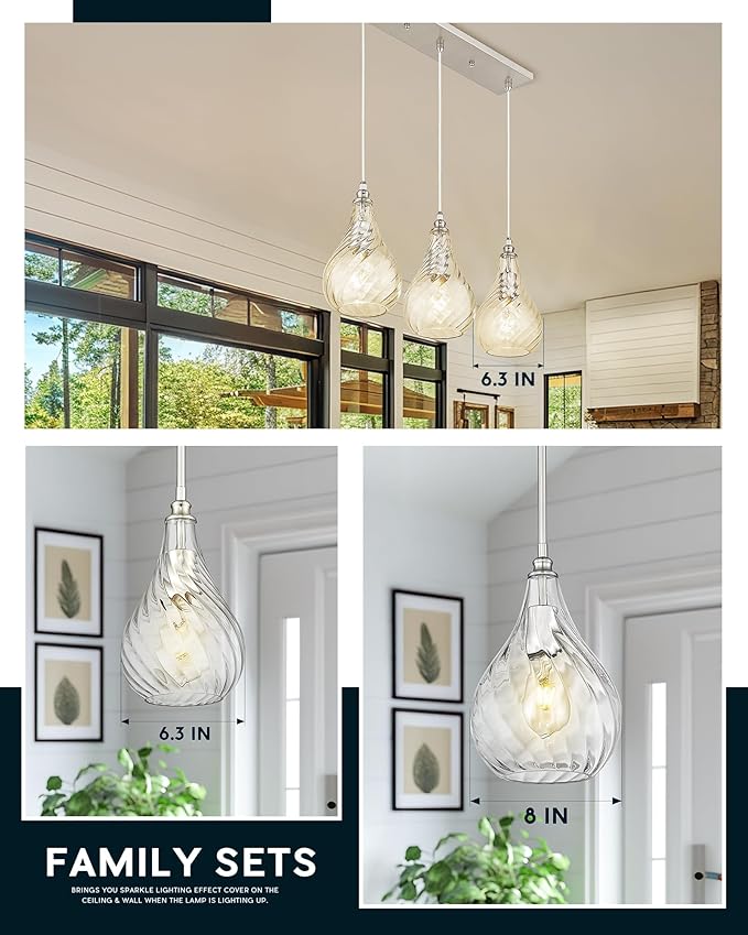 TENGXIN 2 Pack Pendant Lights Kitchen Island,Brushed Nickel Finished Striped Glass Hanging Pendant Light,Farmhouse Pendant Light for Dining Room,Bedroom,6 Inch