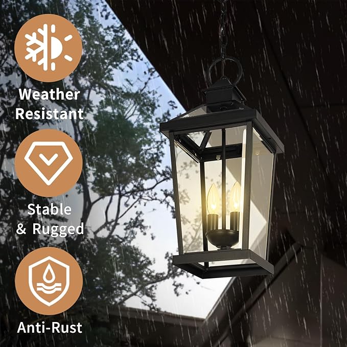 JYZ Outdoor Pendant Light Fixture, 20 Inch Waterproof Black Hanging Lantern with Clear Glass, Anti-Rust Exterior Chandelier for Porch, Patio, Entryway, Front Door JYOPL06-L