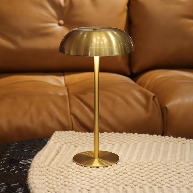 Portable Mushroom Table Lamp with 5200mAh Battery - Cordless LED Night Light with Stepless Dimming, 3 Color Modes & Adjustable Height for Bedroom, Patio, Bar Decor and Coffee Shop Ambiance（Gold-tall）