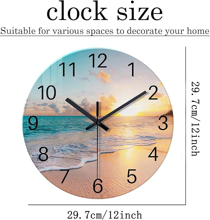 Beach Wall Clock Battery Operated 12 Inch Glass Wall Clock Non Ticking Analog Blue Wall Clocks for Bedroom Living Room Office Decor