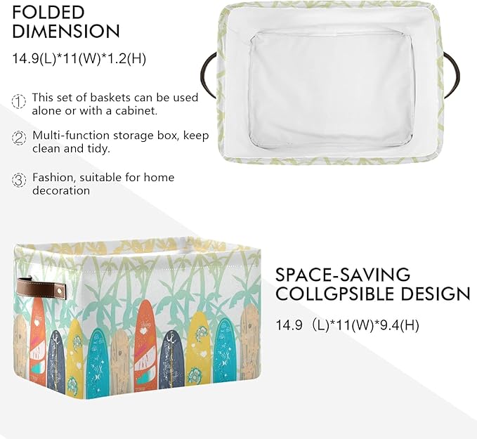 susiyo Large Foldable Storage Bin Palm Trees Surf Boards Fabric Storage Baskets Collapsible Decorative Baskets Organizing Basket Bin with PU Handles for Shelves Home Closet Bedroom Living Room-2Pack