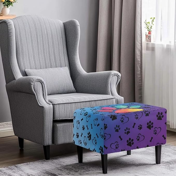 Soft Stretch Ottoman Slipcover Colorful Paws Washable Rectangle Footrest Stool Cover Anti Scratch Furniture Protector with Nonslip Elastic Bottom for Most Footstools Size L