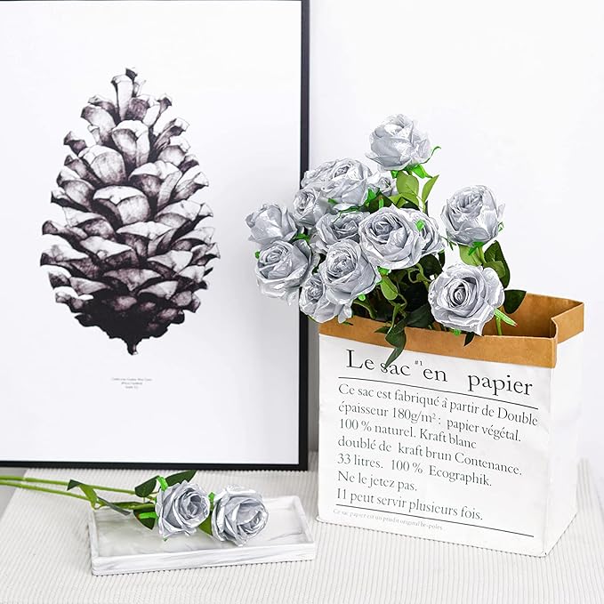 Hawesome 12PCS Artificial Silk Flowers Realistic Roses Bouquet Long Stem for Home Wedding Decoration Party (Silver 1)