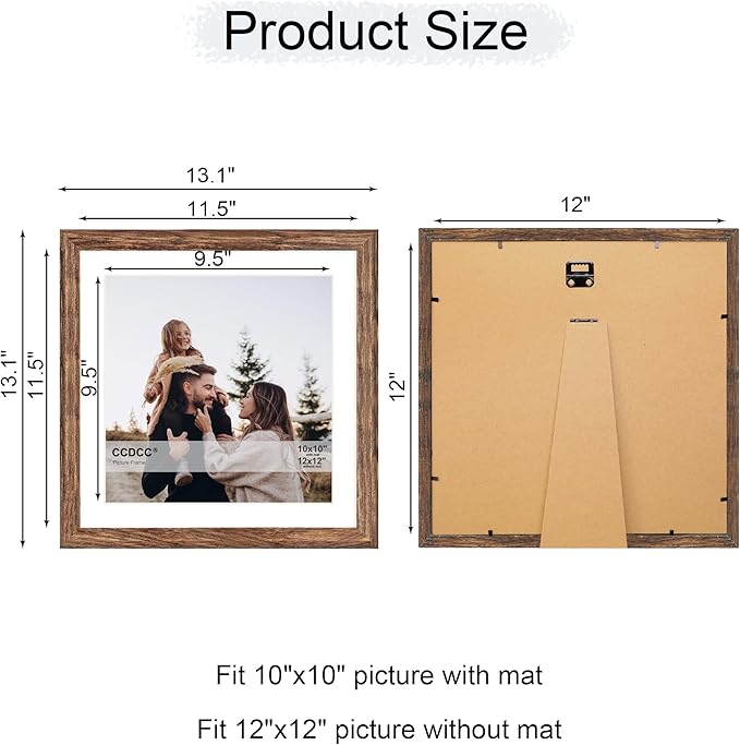 12x12 Picture Frame Set of 2, 12 x 12 Wood Photo Frames with Mat for 10x10 or 30x30cm Diamond Art Painting, Wooden Frame with Real Glass Cover for Wall and Tabletop Display,Rustic Brown