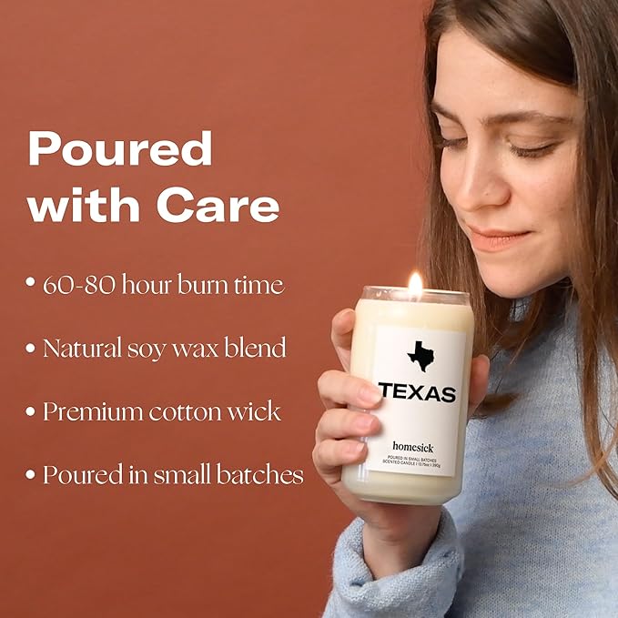 Homesick Scented Candles for Home (Texas) - 13.75 oz Long-Lasting Soy Wax Jar Candle for Women & Men for All Occasions, 60-80 Hours Burn Time - Notes of Pine Needles & Lime