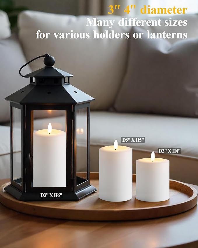 3"x6" Flickering Flameless Candles with Remote Timer, Real Wax, White Pillar Candles, Set of 3 Large LED Battery Operated Candles for Home, Fireplace, Centerpiece, Rustic and Farmhouse Decor