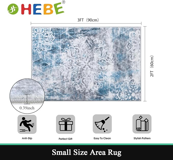 HEBE Washable Area Rug - 2'x3' Non Slip Soft Distressed Medallion Bedroom Boho Living Room Accent Throw Vintage Entry Floor Carpet for Dining Room Bathroom Entryway