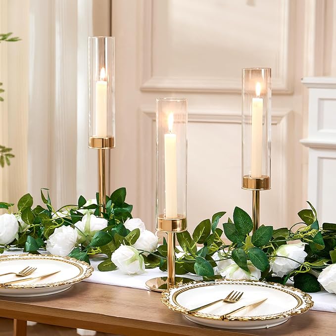 Gold Hurricane Candle Holders Set of 6, Tall Metal & Windproof Glass Taper Candle Holders, Outdoor/Indoor Table Centerpieces for Weddings, Christmas, Parties, Fireplace Decor