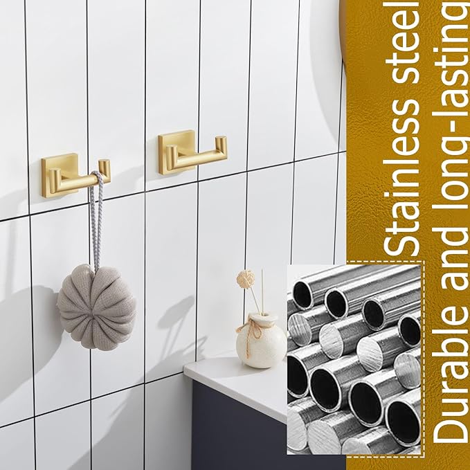 KOKOSIRI Robe Hooks Bathroom Double Towel Coat Hook for Bath Kitchen Wall Mounted, 2 Pack Brushed Gold Stainless Steel B1015BG-P2