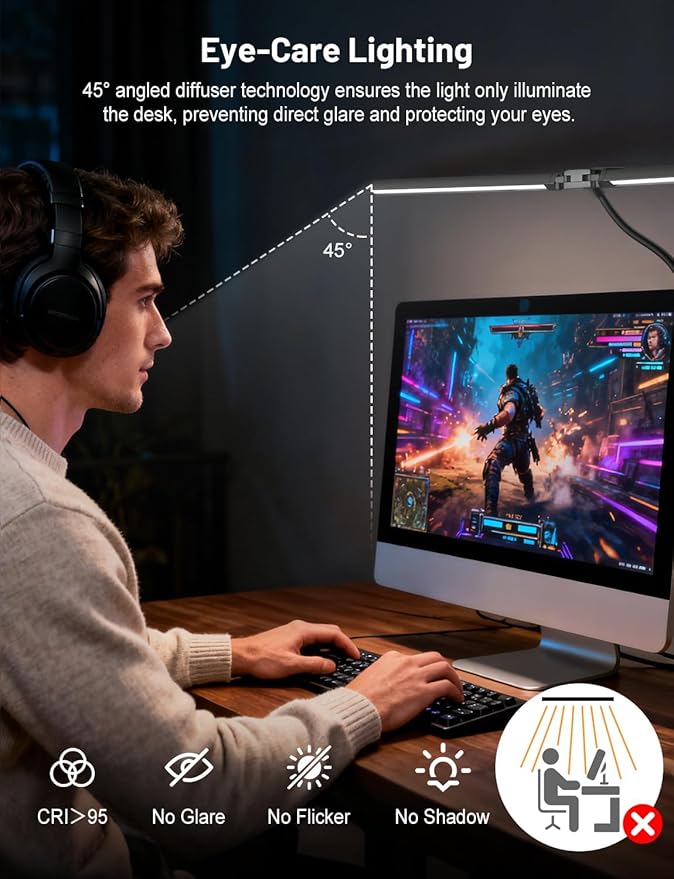 Computer Desk Lamp with Clamp for Home Office, Eye-Caring Architect Lamp, Dimmable Table Clip Lamp for Dual Screen Computer Monitor, Adjustable Color Lighting Mode LED Monitor Light