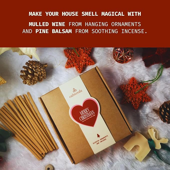 Pine Christmas Tree Scent Sticks - 20 Incense + 3 Wax Melts Ornaments in Xmas Stars & Reindeer Shape (Mulled Wine Aroma) | Scented Christmas Hanging Decorations for Trees