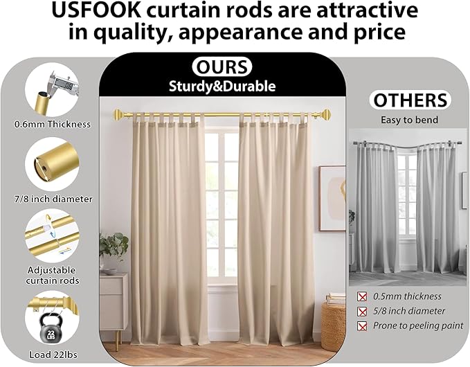 Adjustable Curtains Rods for Windows 48 to 84 Inch, USFOOK 7/8 Inch Splicing Single Curtain Pole Set, Decorative Drapery Rods 32 to 86 Inch for Home, Gold Square Finials