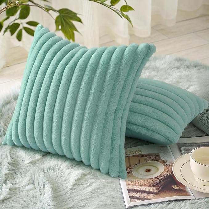 decorUhome Faux Fur Christmas Throw Pillow Covers 26x26 Set of 2, Decorative Soft Plush Striped Neutral Couch Euro Pillow Covers with Velvet Back for Sofa, Bed, Living Room Home Decor, Aqua