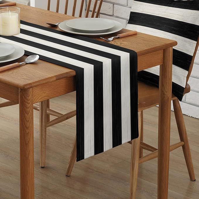 Vandarllin Table Runners 16X72 Inches Long, Black and White Striped,Cotton Linen Farmhouse Retro Rustic Barn Wood Texture Tablecloths Non-Slip Party Table Decorations for Kitchen,Home,Dining,Outdoor,