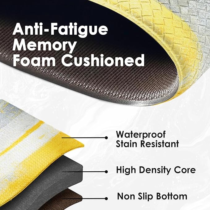 Arttown Gray Yellow Anti-Fatigue Kitchen Rug Set of 2 Office Contemporary Abstract Vintage Cushioned Floor Standing Mat Waterproof Non-Slip Kitchen Mat PVC Ergonomic Comfort Foam Rug