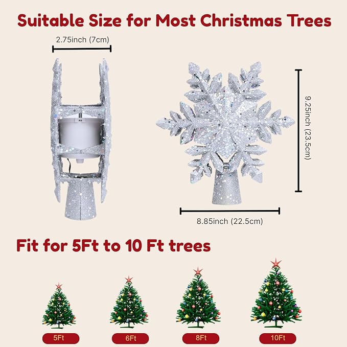 ME JO Christmas Tree Topper | Christmas Tree Decoration Hollow Glitter Snowflake with 3D Rotating LED | with 6 Projection Plug in Star Christmas Tree Projector for Indoor Office Xmas New Year